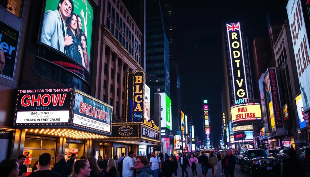 Broadway theater marquees lit up at night with crowds of people Broadway theater marquees lit up at night with crowds of people