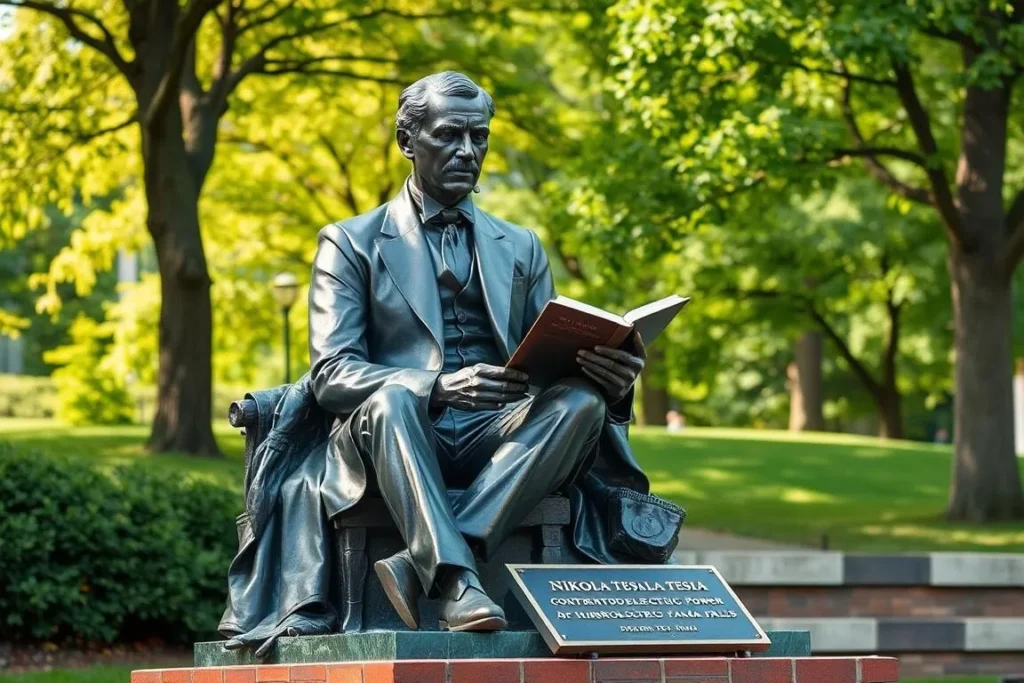 Bronze statue of Nikola Tesla reading his notes in Niagara Falls State Park