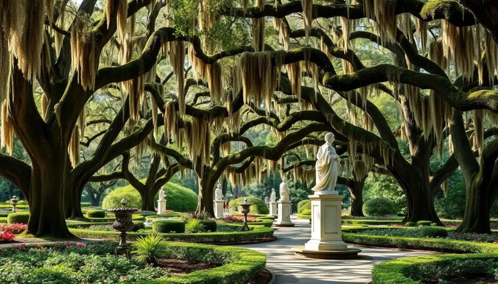 Brookgreen Gardens sculpture display with live oak trees draped in Spanish moss