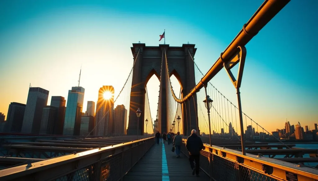 Brooklyn Bridge at sunset with pedestrians walking across, a classic Kings County New York things to do Brooklyn Bridge at sunset with pedestrians walking across, a classic Kings County New York things to do