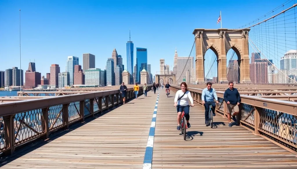 Brooklyn Bridge walkway with pedestrians and cyclists, Manhattan skyline view Brooklyn Bridge walkway with pedestrians and cyclists, Manhattan skyline view