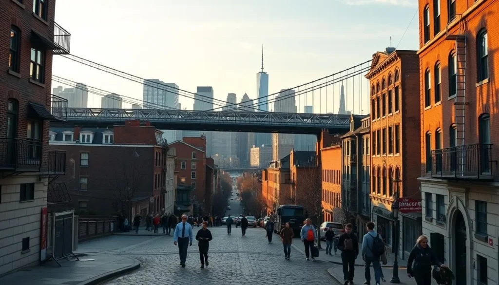 Brooklyn Bridge with Manhattan skyline view and cobblestone streets of DUMBO neighborhood Brooklyn Bridge with Manhattan skyline view and cobblestone streets of DUMBO neighborhood
