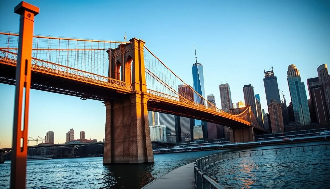 Brooklyn Bridge with Manhattan skyline view at sunset, one of the top Kings County New York things to do