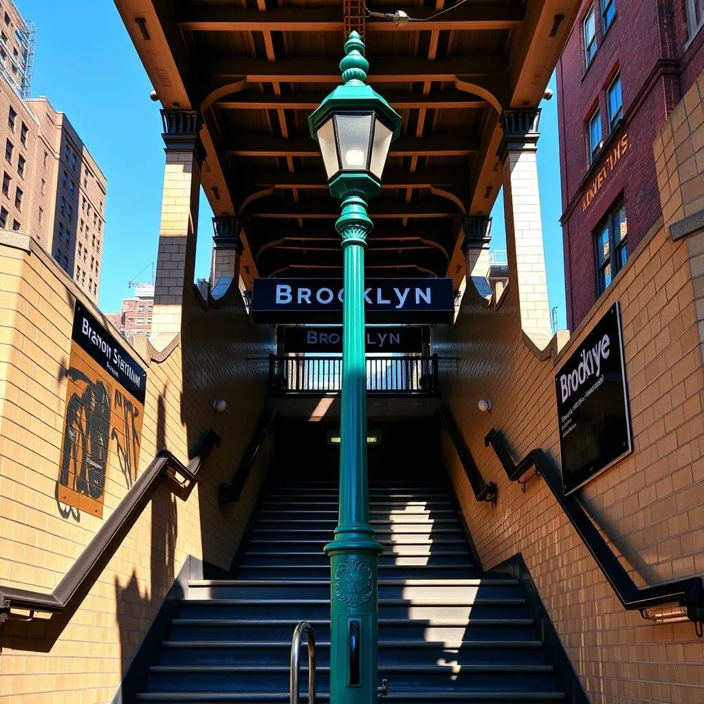 Brooklyn subway station entrance with iconic green lamp post Brooklyn subway station entrance with iconic green lamp post