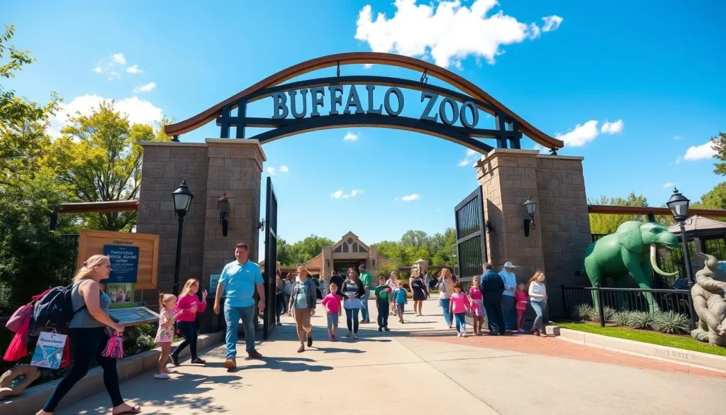 Buffalo Zoo entrance with families visiting in Erie County New York Buffalo Zoo entrance with families visiting in Erie County New York