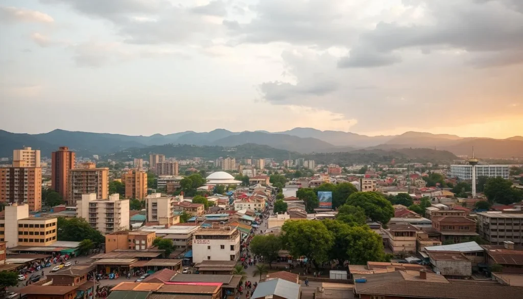 Bunia cityscape, a bustling metropolis nestled in the heart of the Democratic Republic of the Congo. Capture the vibrant hustle and bustle of the city, with towering skyscrapers and bustling markets in the foreground. In the middle ground, showcase the vibrant street life, with locals going about their daily routines. In the background, depict the lush, rolling hills that surround the city, bathed in the warm glow of a late afternoon sun. Use a wide-angle lens to capture the full scope of the scene, and employ soft, diffused lighting to create a sense of depth and atmosphere. Convey the energy and dynamism of Bunia, while also highlighting its natural beauty and sense of community.