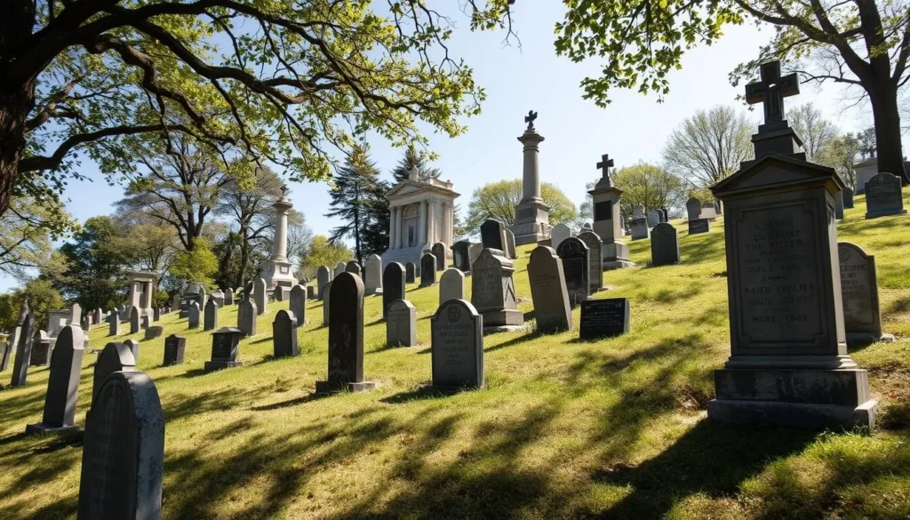 Burial Hill historic cemetery with old gravestones in Plymouth Massachusetts Burial Hill historic cemetery with old gravestones in Plymouth Massachusetts