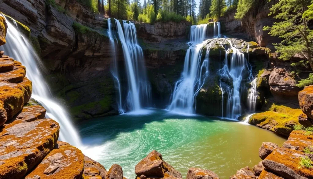 Burney Falls waterfall in Redding California with its 129-foot cascade and multiple streams flowing over moss-covered rocks Burney Falls waterfall in Redding California with its 129-foot cascade and multiple streams flowing over moss-covered rocks