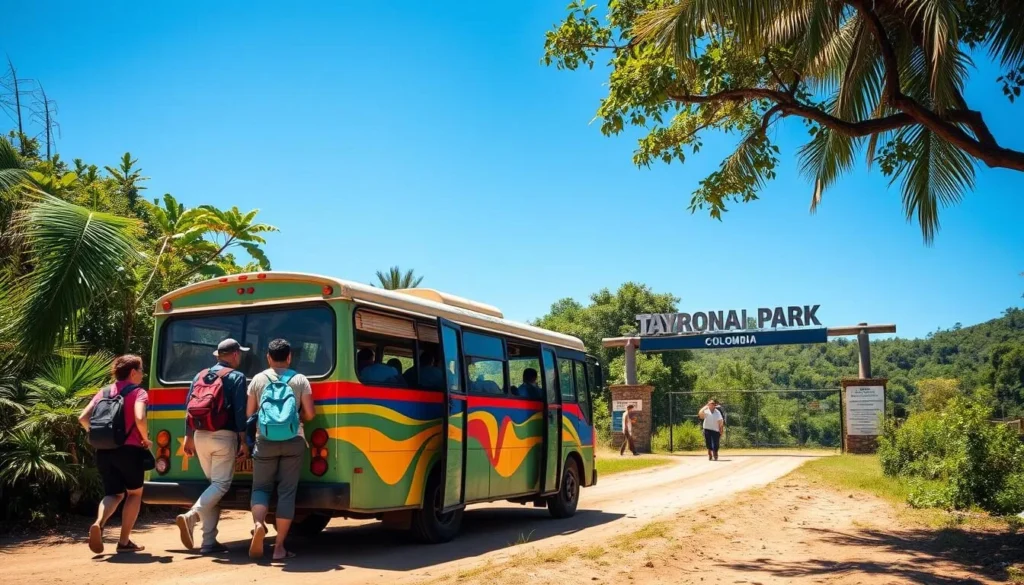 Bus arriving at Tayrona National Park entrance with travelers disembarking Bus arriving at Tayrona National Park entrance with travelers disembarking
