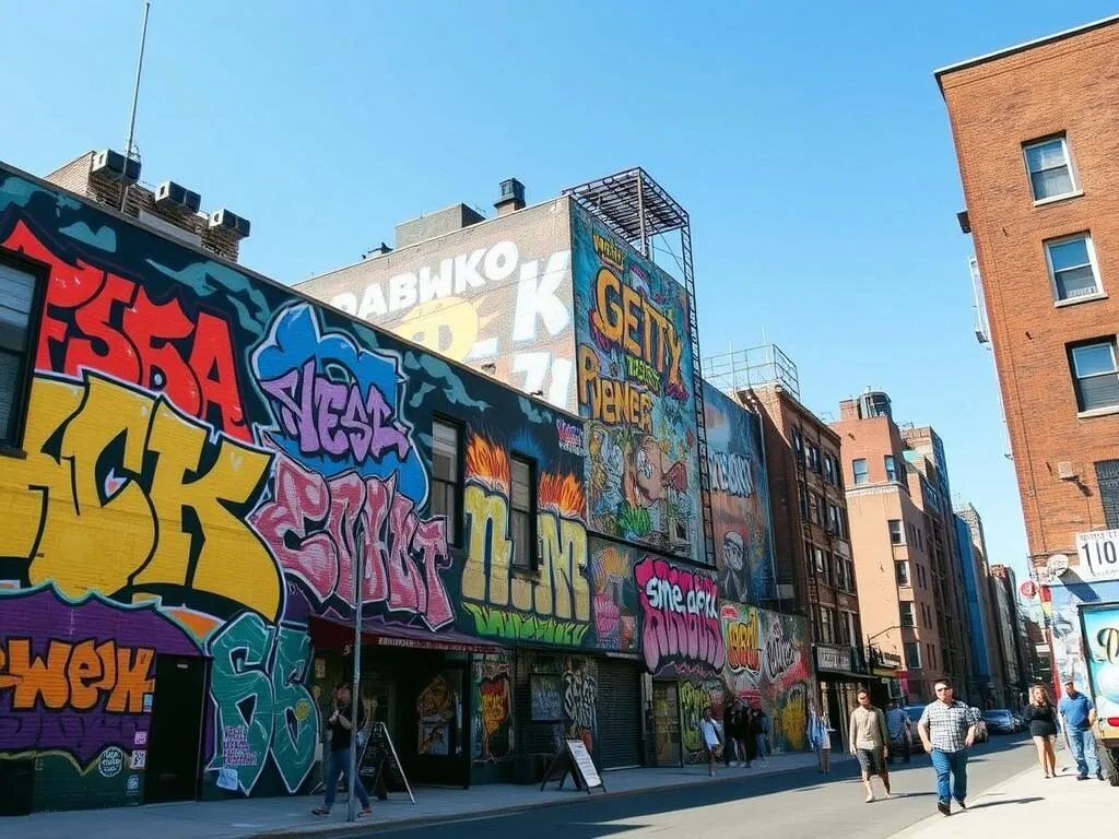 Bushwick Collective street art murals with colorful graffiti, representing Kings County New York urban culture