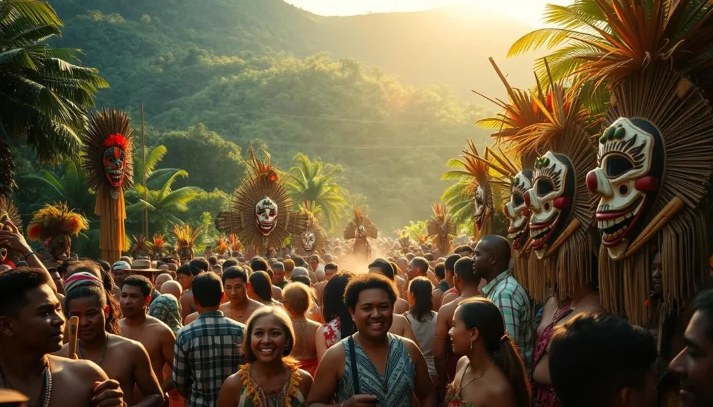 Bustling Papua New Guinean festival scene, with vibrant costumes, traditional masks, and lively dancers swaying to the rhythmic beats of drums and bamboo instruments. Sunlight filters through a verdant, tropical backdrop, casting a warm, golden glow over the celebratory atmosphere. In the foreground, a crowd of locals and visitors mingle, their faces alight with joy and cultural pride. The middle ground features intricate tribal displays, while the distant background showcases the lush, rugged terrain that characterizes this fascinating island nation. Capture the essence of Papua New Guinea's vibrant festival culture in a cinematic, photorealistic style.