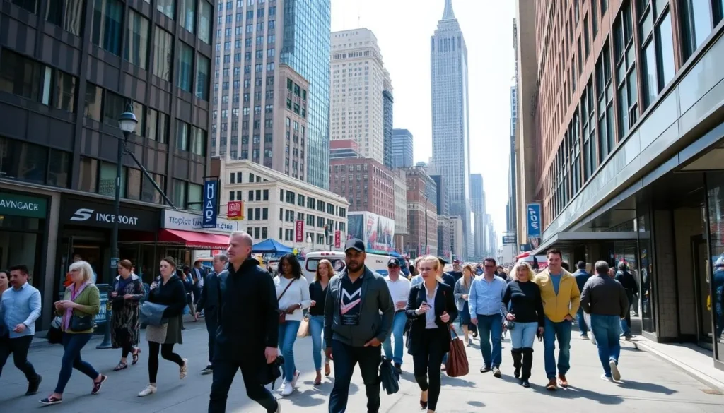 Busy Manhattan street scene with pedestrians walking purposefully Busy Manhattan street scene with pedestrians walking purposefully