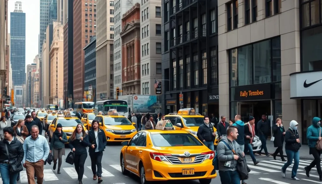 Busy New York City street with pedestrians and yellow taxis - showing the urban environment for visitors exploring the best things to do in New York City Busy New York City street with pedestrians and yellow taxis - showing the urban environment for visitors exploring the best things to do in New York City