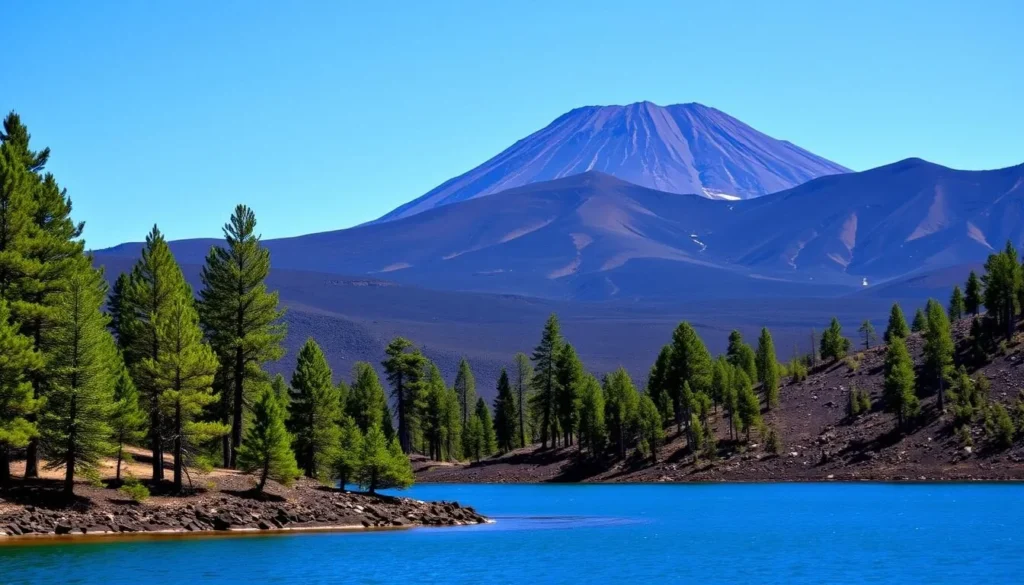 Butte Lake with Cinder Cone volcano visible in the background, showing clear blue water surrounded by volcanic landscape and pine trees Butte Lake with Cinder Cone volcano visible in the background, showing clear blue water surrounded by volcanic landscape and pine trees
