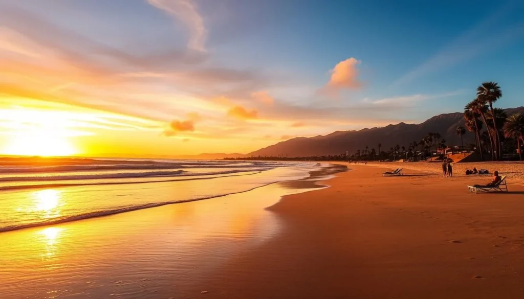 Butterfly Beach in Santa Barbara at sunset with mountains in the background Butterfly Beach in Santa Barbara at sunset with mountains in the background