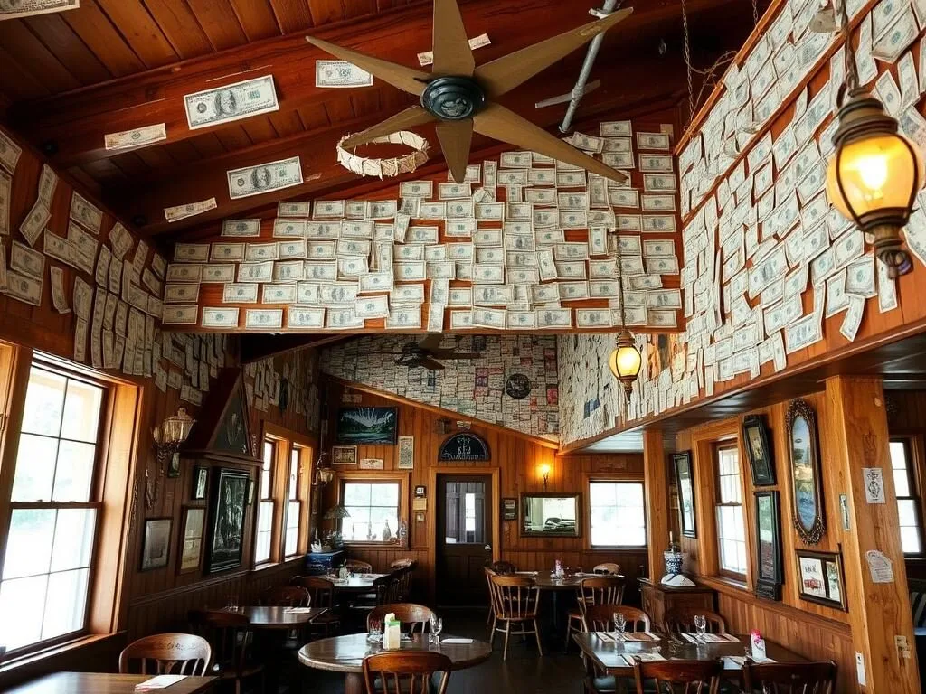 Cabbage Key Inn restaurant with dollar bills on walls in Lee County Florida Cabbage Key Inn restaurant with dollar bills on walls in Lee County Florida