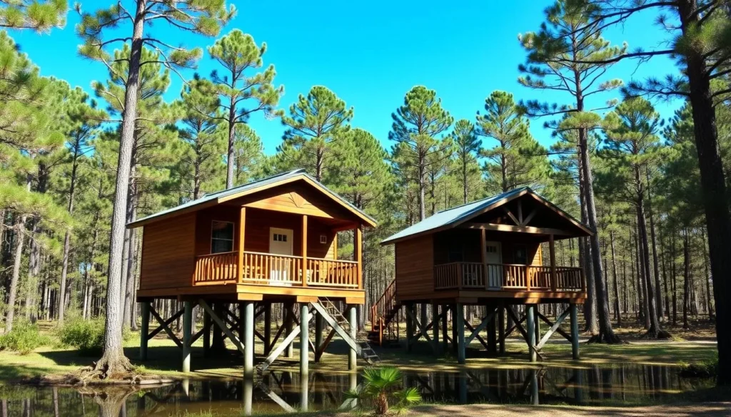 Cabins at Lafayette Blue Springs State Park elevated on stilts surrounded by trees Cabins at Lafayette Blue Springs State Park elevated on stilts surrounded by trees