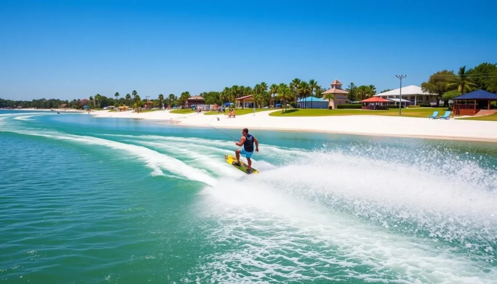 Cable wakeboarding at SunWest Park with white sand beach visible in the background Cable wakeboarding at SunWest Park with white sand beach visible in the background