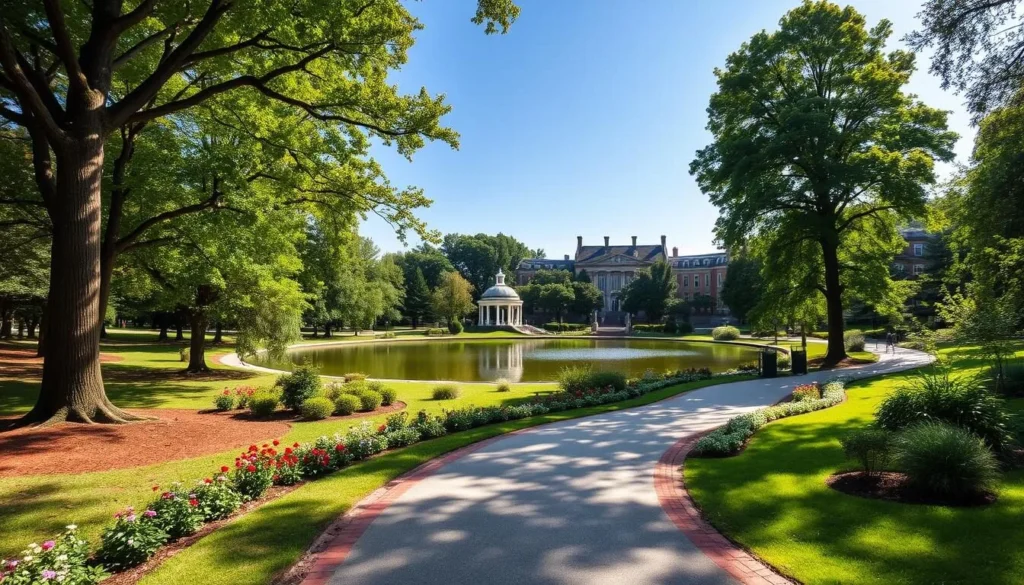 Cadwalader Park, a lush oasis in the heart of Trenton, New Jersey. Capture the serene landscape on a bright, sunny day with soft, diffused lighting filtering through the towering trees. In the foreground, a winding path leads visitors through the meticulously maintained gardens, dotted with vibrant flowers and well-tended shrubbery. In the middle ground, a tranquil lake reflects the surrounding greenery, with a historic pavilion standing proudly on its banks. In the background, the stately architecture of the park's buildings blends seamlessly with the natural beauty, creating a harmonious and inviting atmosphere. Utilize a wide-angle lens to encompass the full grandeur of this urban oasis, conveying a sense of peace, relaxation, and the perfect escape from the bustling city.