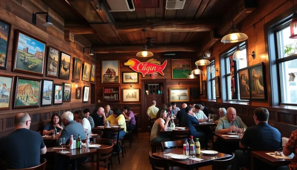 Cajun restaurant interior in Alexandria with rustic decor and diners enjoying meals Cajun restaurant interior in Alexandria with rustic decor and diners enjoying meals