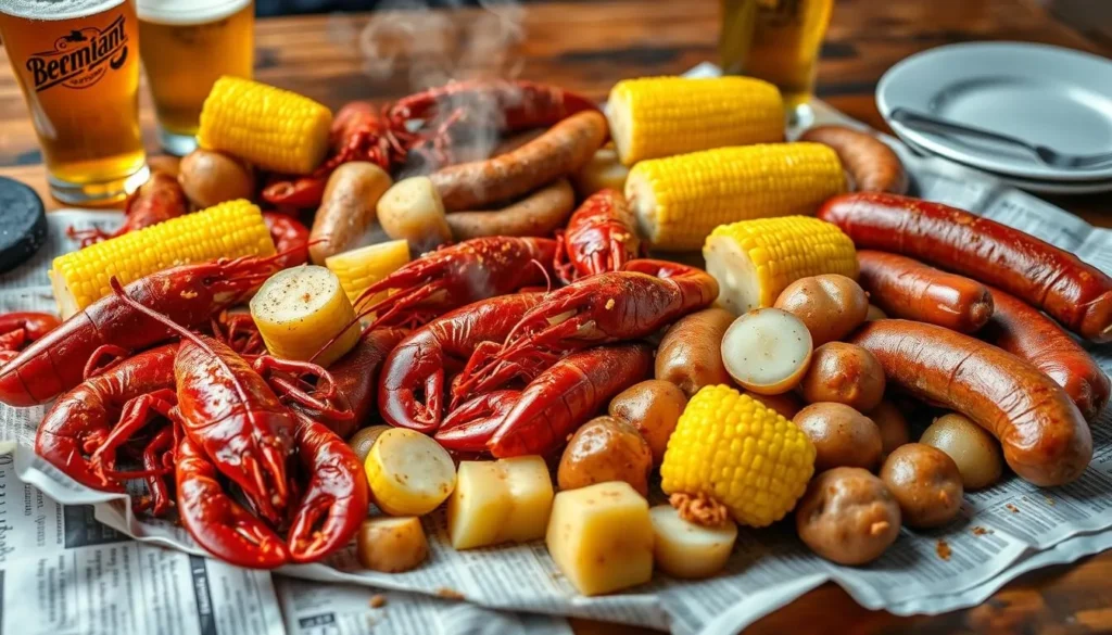 Cajun seafood boil with crawfish, corn, and potatoes at a Bossier City restaurant Cajun seafood boil with crawfish, corn, and potatoes at a Bossier City restaurant