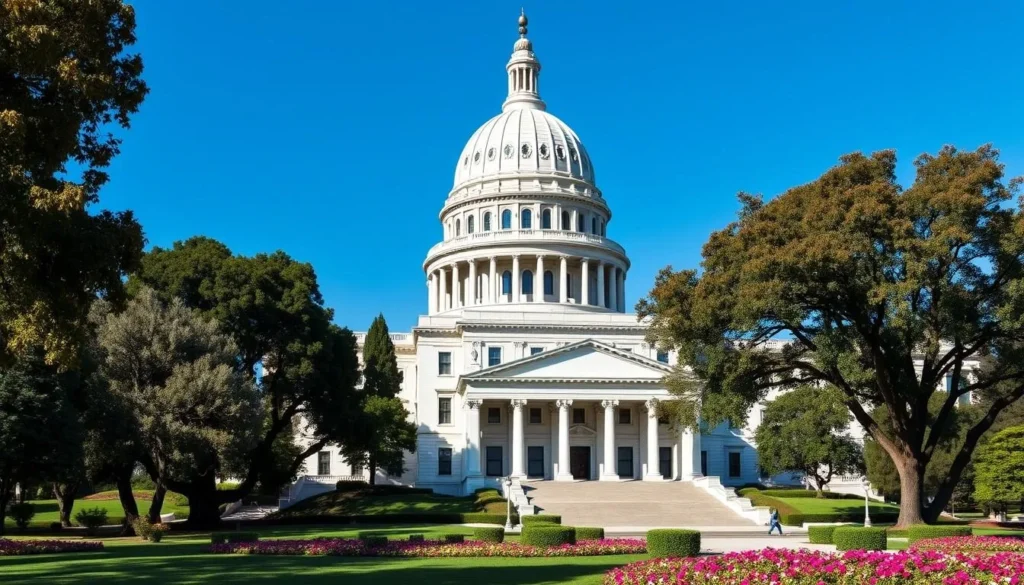 California State Capitol building with its distinctive dome surrounded by lush gardens