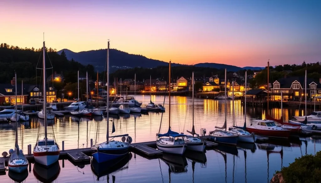 Camden Harbor at sunset with boats moored and the town lit up Camden Harbor at sunset with boats moored and the town lit up