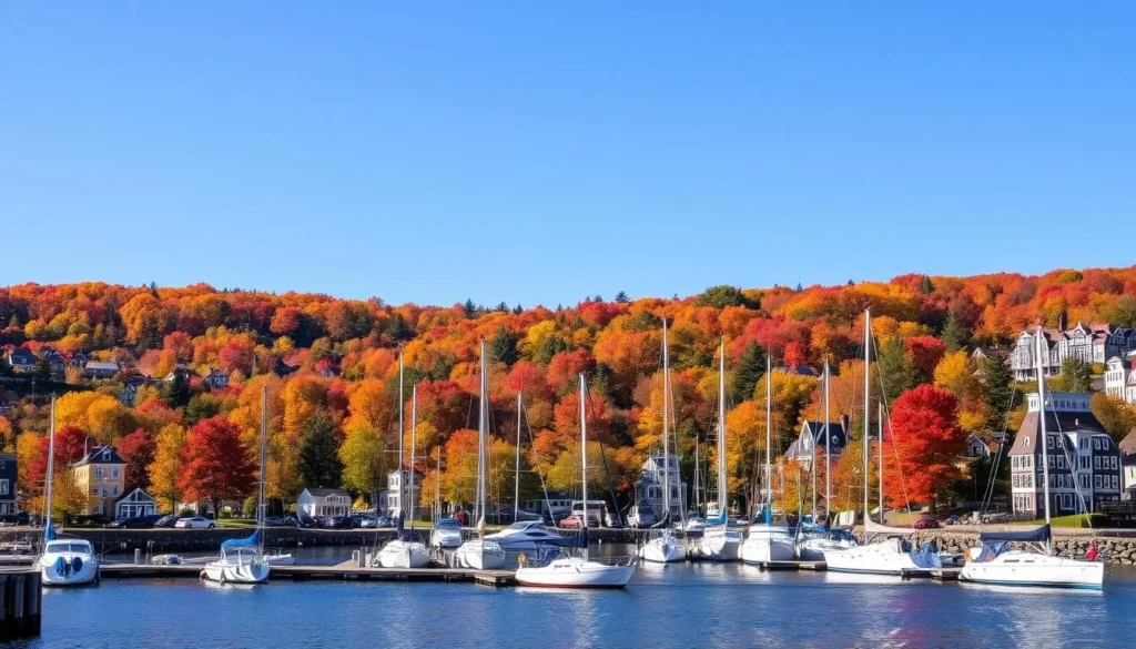 Camden Harbor in autumn with colorful fall foliage surrounding the water Camden Harbor in autumn with colorful fall foliage surrounding the water