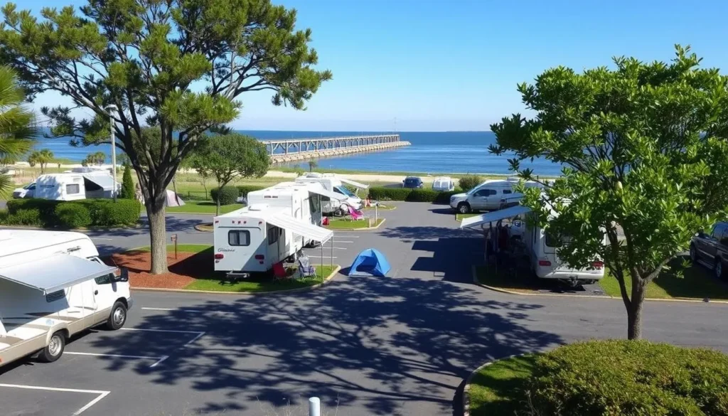 Campground at Delaware Seashore State Park with RVs and tents set up near the water Campground at Delaware Seashore State Park with RVs and tents set up near the water