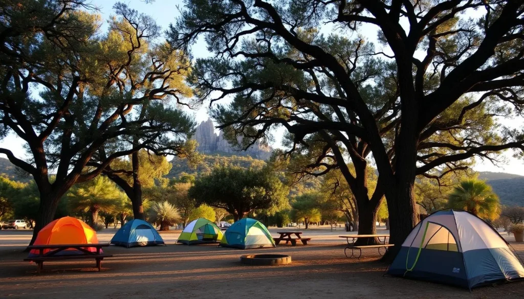 Camping area at Pinnacles National Park with tents set up among oak trees Camping area at Pinnacles National Park with tents set up among oak trees