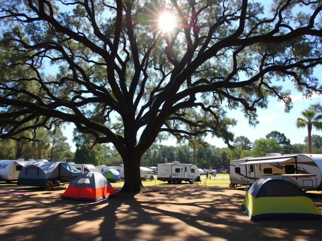 Camping area at Spirit of the Suwannee Music Park showing tents and RVs under oak trees Camping area at Spirit of the Suwannee Music Park showing tents and RVs under oak trees
