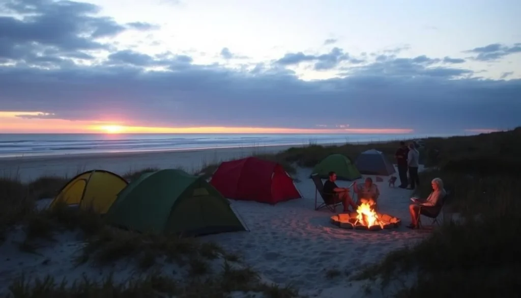 Camping on Assateague Island, Delaware with tents set up near the dunes Camping on Assateague Island, Delaware with tents set up near the dunes