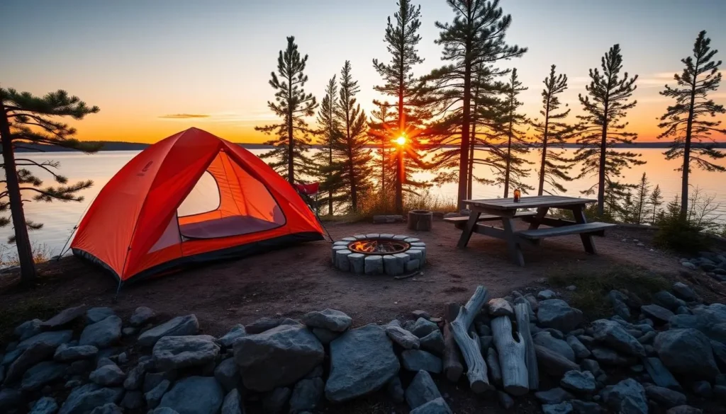 Camping site at Voyageurs National Park with tent set up on a rocky island with lake view Camping site at Voyageurs National Park with tent set up on a rocky island with lake view