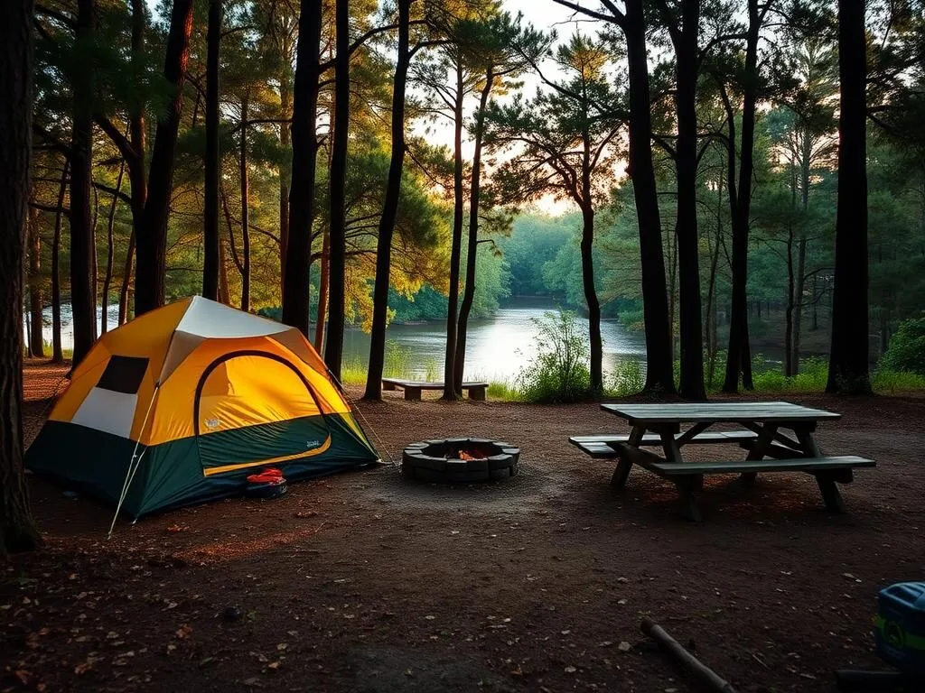 Campsite at Suwannee River State Park with tent and campfire near the river Campsite at Suwannee River State Park with tent and campfire near the river