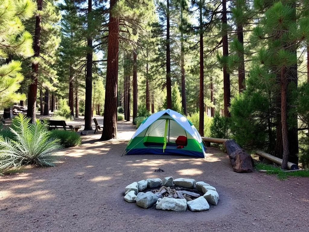 Campsite in Modoc National Forest with tent and campfire Campsite in Modoc National Forest with tent and campfire