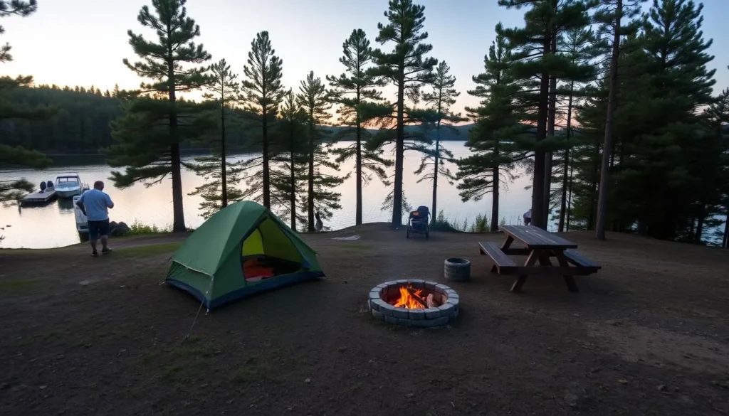 Campsite on one of Lake George's islands in Warren County, NY with tent, campfire, and boat dock Campsite on one of Lake George's islands in Warren County, NY with tent, campfire, and boat dock