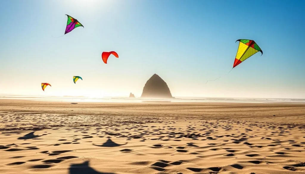 Cannon Beach on a sun-dappled summer day, with a gentle breeze blowing across the pristine sands. In the foreground, a group of vibrant kites dance and soar gracefully, their colorful forms casting playful shadows on the ground below. The iconic Haystack Rock stands tall in the middle-ground, its majestic silhouette framing the scene. In the distance, the vast Pacific Ocean stretches out, its waters glimmering under the warm, golden light. The atmosphere is one of carefree joy and relaxation, capturing the essence of the quintessential beach experience.