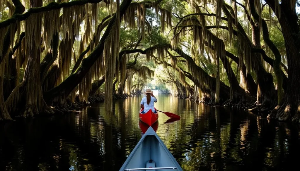 Canoe navigating through the moss-draped cypress trees of the Dora Canal in Lake County Canoe navigating through the moss-draped cypress trees of the Dora Canal in Lake County