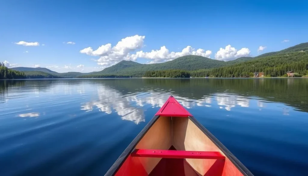 Canoe on a calm lake in Franklin County, New York with mountains in background Canoe on a calm lake in Franklin County, New York with mountains in background