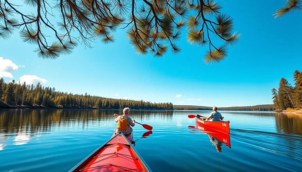 Canoeing on Lake Itasca, Minnesota with pine-lined shores and clear blue water Canoeing on Lake Itasca, Minnesota with pine-lined shores and clear blue water