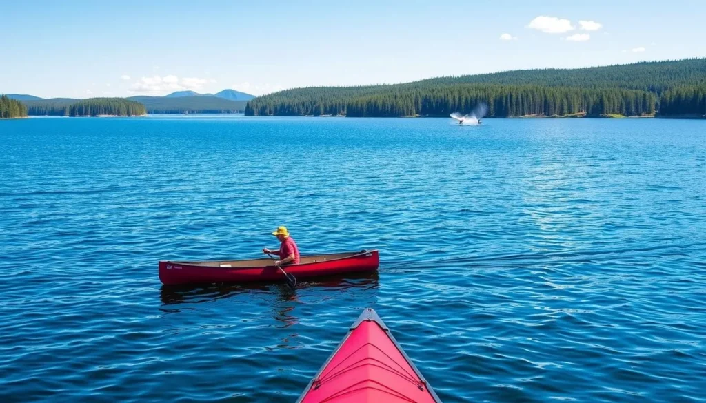 Canoeists paddling on Gunflint Lake with forested shoreline in the background Canoeists paddling on Gunflint Lake with forested shoreline in the background