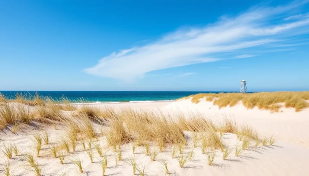 Cape Henlopen State Park beach with its pristine shoreline, dunes, and the historic observation tower visible in the distance Cape Henlopen State Park beach with its pristine shoreline, dunes, and the historic observation tower visible in the distance