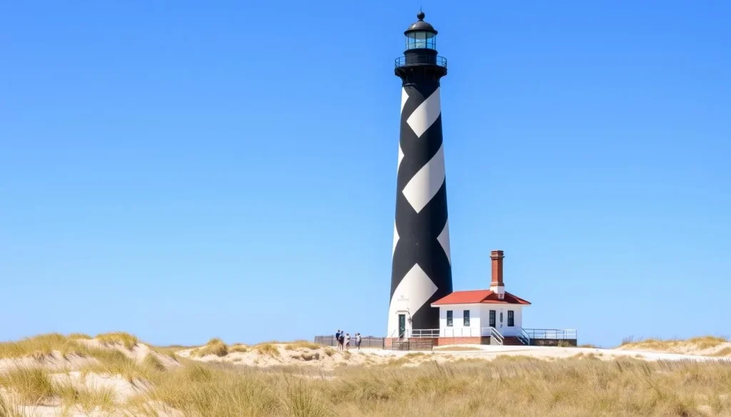 Cape Lookout Lighthouse on Point Island with visitors enjoying the view Cape Lookout Lighthouse on Point Island with visitors enjoying the view