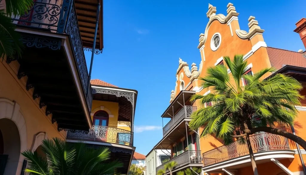 Captivating French Quarter architecture in New Orleans, bathed in warm sunlight. Ornate wrought-iron balconies, colorful facades, and lush tropical foliage set against a clear blue sky. Capture the essence of this historic district, with its blend of French and Spanish colonial influences. Showcase the iconic cast-iron lacework, intricate masonry details, and gabled roofs that define the district's unique architectural style. Compose the scene with a focus on the middle ground, allowing the viewer to immerse themselves in the charming ambiance of the neighborhood. Utilize a moderate, natural lighting setup to accentuate the textures and colors of the buildings. Render this image with a sense of timeless elegance to complement the article's exploration of Dalat's French Quarter and colonial architecture.