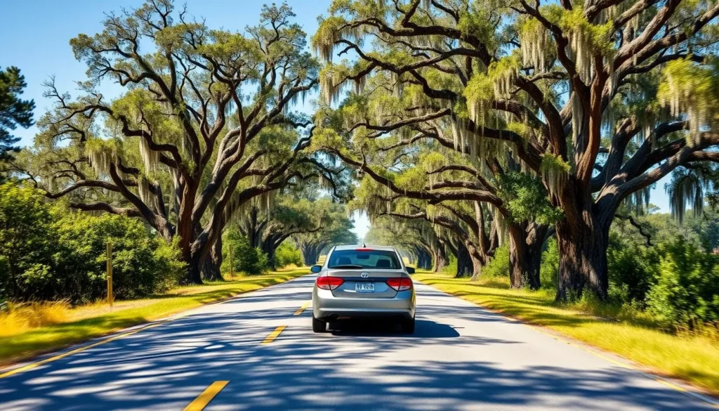 Car driving along a scenic road through Putnam County with Spanish moss-draped oak trees Car driving along a scenic road through Putnam County with Spanish moss-draped oak trees
