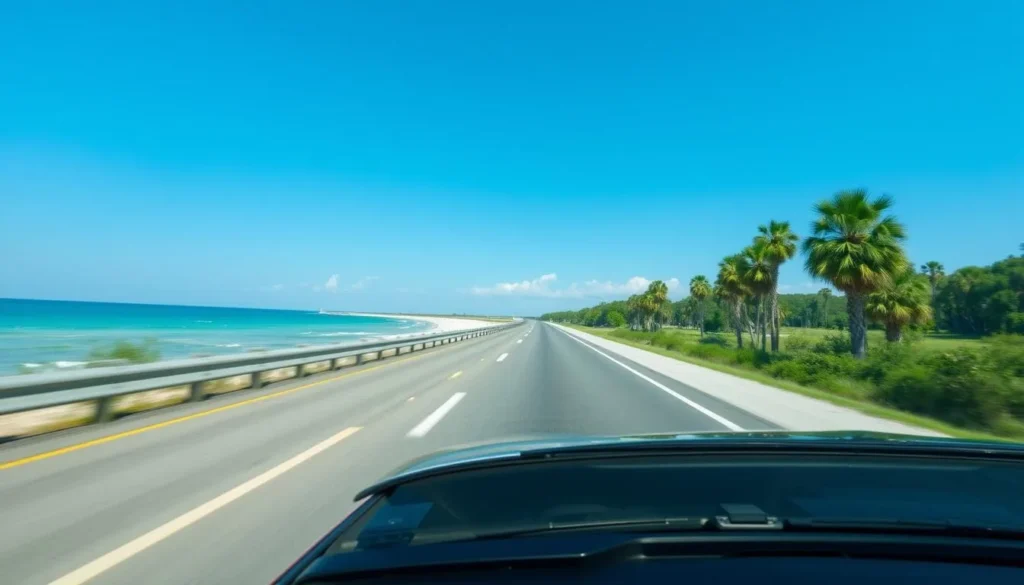 Car driving along scenic coastal highway in Okaloosa County with Gulf views Car driving along scenic coastal highway in Okaloosa County with Gulf views