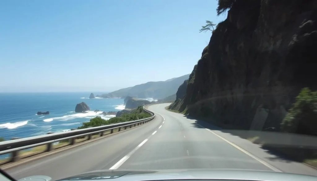 Car driving along the scenic Highway 1 in Mendocino County California Car driving along the scenic Highway 1 in Mendocino County California