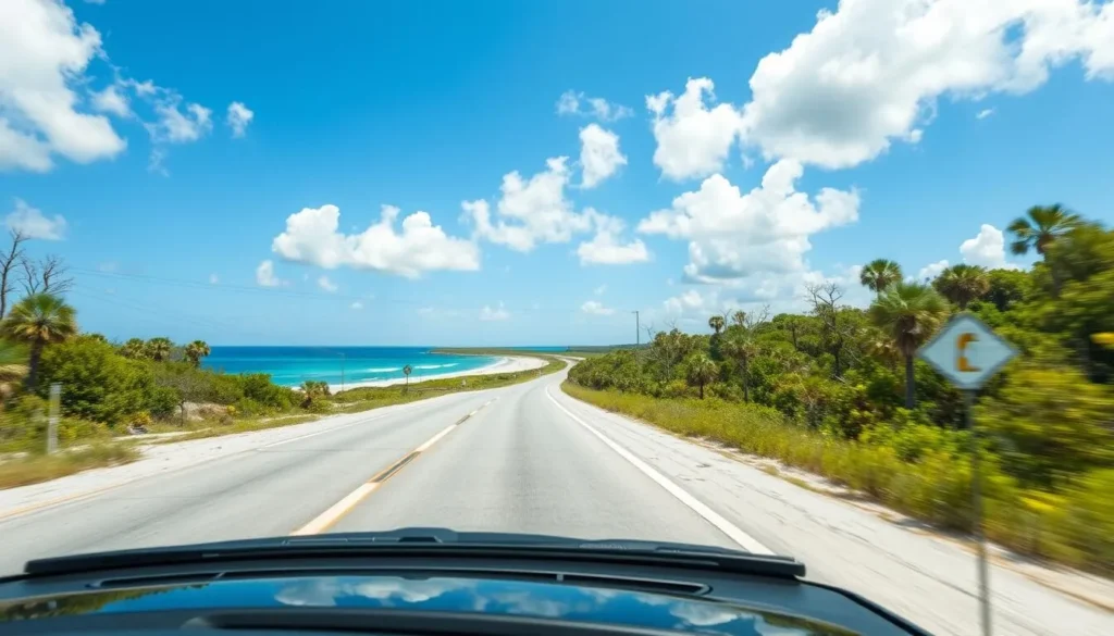 Car driving along the scenic coastal road in western Pasco County with Gulf views Car driving along the scenic coastal road in western Pasco County with Gulf views