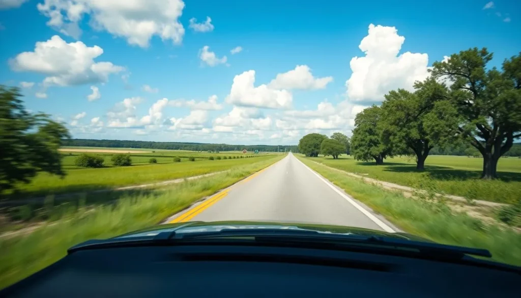 Car driving on a scenic road through Hardee County Florida countryside Car driving on a scenic road through Hardee County Florida countryside