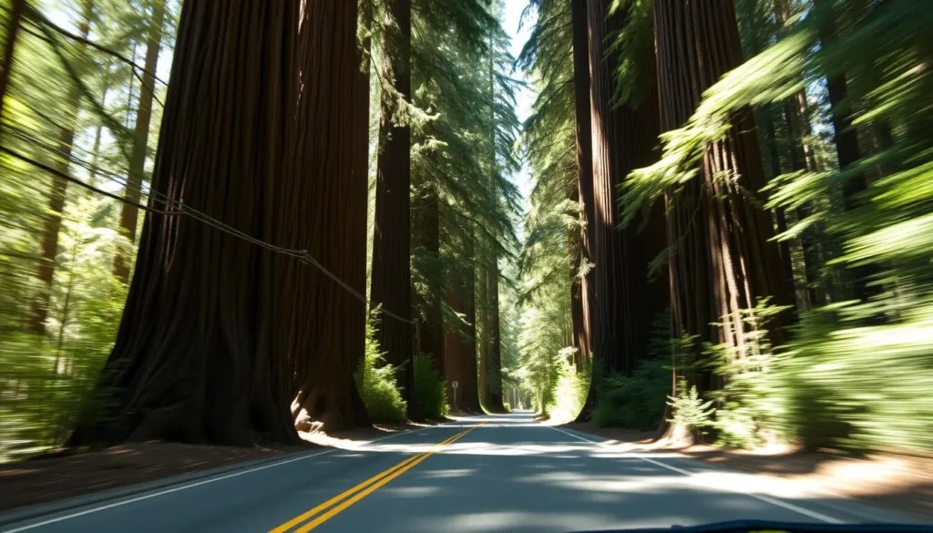 Car driving through Avenue of the Giants in Humboldt Redwoods State Park with massive redwood trees towering on both sides Car driving through Avenue of the Giants in Humboldt Redwoods State Park with massive redwood trees towering on both sides